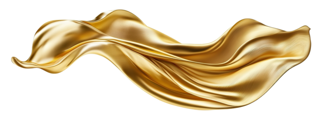 Shiny golden fabric waving in the air, isolated on transparent cutout background