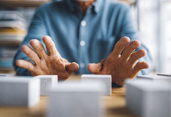 Senior man's hands outstretched over small white cubes on a table