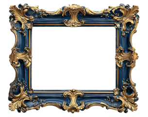 Ornate golden and blue baroque frame, isolated on transparent cutout background