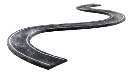 Curved asphalt road with white markings, isolated on transparent cutout background