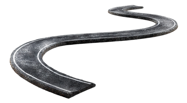 Curved asphalt road with white markings, isolated on transparent cutout background