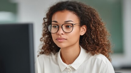 Focused young woman with curly hair wearing glasses, working on a computer in a bright office environment, concentrated on task at hand, professional setting