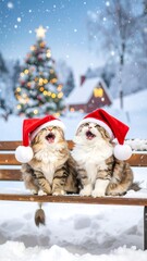 Two adorable kittens, wearing festive red Santa hats, sit on a snowy bench, looking upward, as if mewing or meowing towards a Christmas tree in the background.