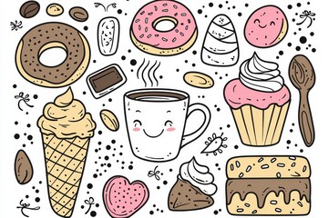 Cute kawaii food doodles coloring page for kids, black and white cartoon vector illustration with coffee, donuts, ice cream, chocolate, and cake.