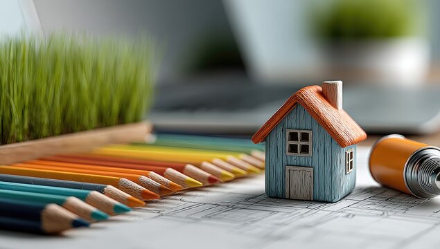 Miniature house on architectural plans, surrounded by colored pencils and grass