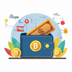 Illustration of a digital wallet holding cryptocurrency and fiat money, surrounded by Bitcoin coins and blockchain network elements.