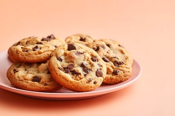 13.	A plate of freshly baked chocolate chip cookies with golden edges on a pastel peach background 