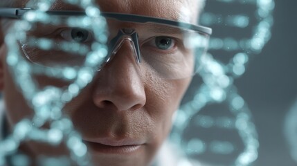Male scientist analyzing DNA structure with advanced technology in laboratory, focusing on genetic research and molecular biology concepts, medical innovation