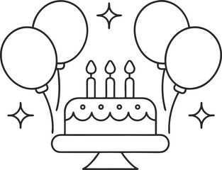 Birthday cake with balloons and stars, perfect for a party invitation or greeting card design, simple and elegant line art style
