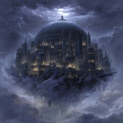 Floating city, dark and grand, moonlit clouds