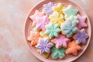 14.	A plate of pastel-colored sugar cookies shaped like stars and flowers on a pastel blush background 