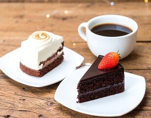 Two delectable slices of cake, one with a creamy white frosting and one rich dark chocolate, sit on white plates beside a steaming mug of coffee on a rustic wooden table.