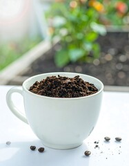 Dark brown coffee grounds fill a white ceramic mug, situated on a bright white surface, with a garden setting out of focus in the background.
