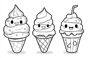 Set of cute kawaii ice cream and sweets coloring pages, black and white vector line art illustrations for kids, simple adorable dessert clipart collection.