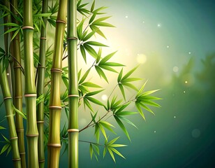 Lush green bamboo stalks and leaves against a soft, sunlit background