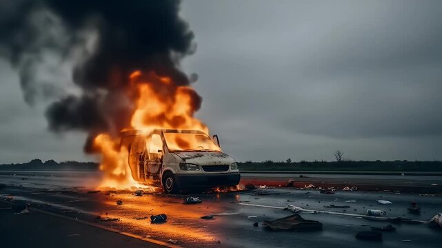 A white van engulfed in flames and thick black smoke after a devastating accident on a desolate road