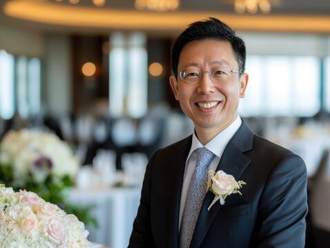 A well-dressed man is smiling as he attends a wedding reception. The elegant venue features floral arrangements and a classy ambiance, creating a joyful atmosphere for guests.