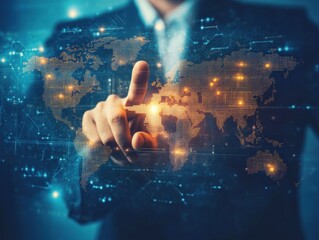 A business professional is engaging with a digital world map on a transparent screen. The projection highlights global connections and data points, symbolizing modern technology in communication.