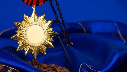 Gold star medal hangs above coffee beans on blue fabric