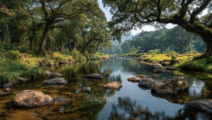 Tranquil forest stream reflecting canopy