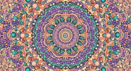 Vibrant and Intricate Mandala Pattern with Rich Textures and Saturated Colors Including Teal, Purple, Orange, and Beige, Creating a Detailed and Hypnotic Ethnic or Spiritual Background

