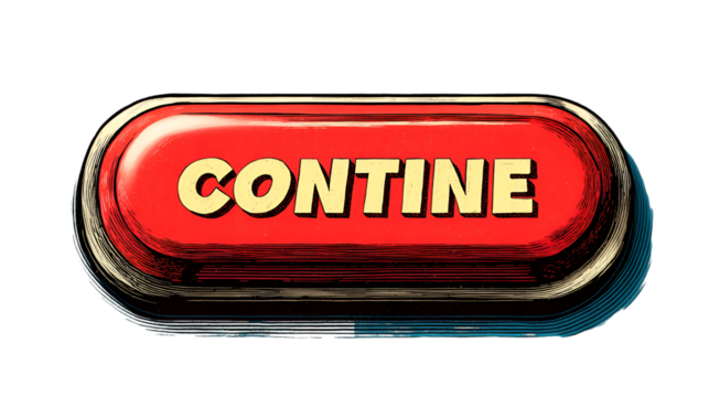 A vintage red contine button isolated on transparent background with a comic book style