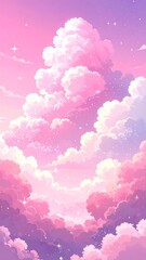 A vibrant, dreamy sky filled with fluffy, pastel pink and purple clouds, scattered with sparkling stars, creates a serene and romantic atmosphere.