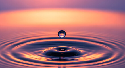 Close-up of a Perfect Water Drop Suspended Above Water, Creating Concentric Ripples, Reflecting the Warm Orange and Purple Hues of a Sunset, Symbolizing Purity, Impact, and Serenity

