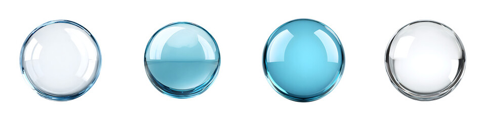 Water Droplets: Clear and Blue Spheres with Liquid, Isolated on White