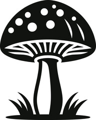 Black and White Mushroom Illustration with Spot Pattern Cap Growing in Grass Ideal for Botanical Designs and Nature Inspired Projects Simple Graphic Style