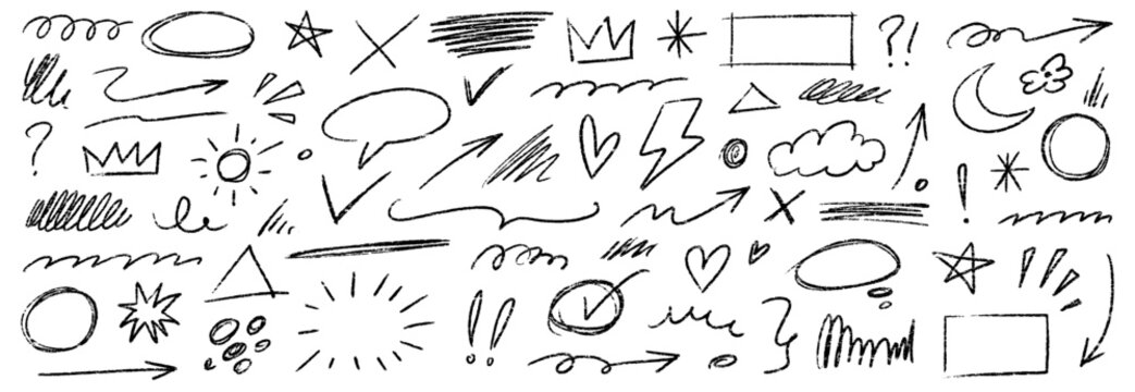 Arrow hand drawn line set. Scribble sketch line element in hand drawn black marker, pencil stroke style. Decorative curve arrow, underline, scribble doodle scratch design elements. Vector illustration