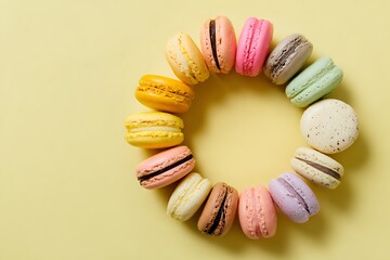 18.	A selection of assorted macarons arranged in a circular pattern on a pastel yellow background 