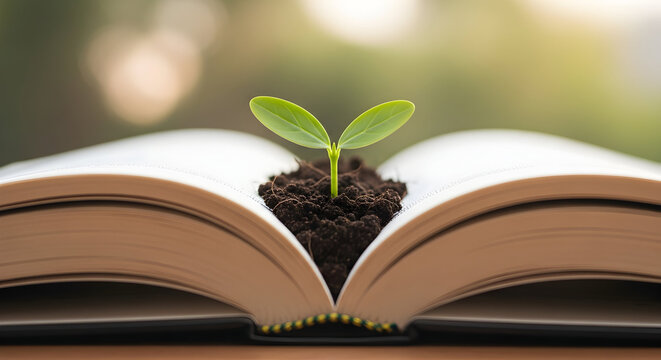 Symbolic Close-up of a Tender Green Sprout Growing from the Pages of an Open Book, Representing Knowledge, Growth, Education, Learning, and New Beginnings


