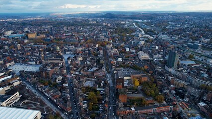 An aerial panorama view around the downtown of the City Charleroi In Belgium on a cloudy spring afternoon