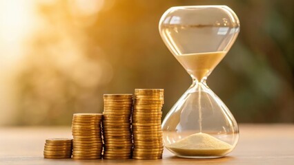 Shining gold coins beside hourglass — representing money and passing time