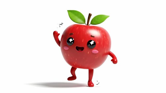 Happy Apple Cartoon Character - A cheerful 3D-video cartoon apple character with arms and legs waves, showcasing a friendly and playful expression.