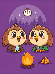 Obraz premium Two wide-eyed owls hovering over kids by a cozy campfire under a purple night, a sweet storybook scene about