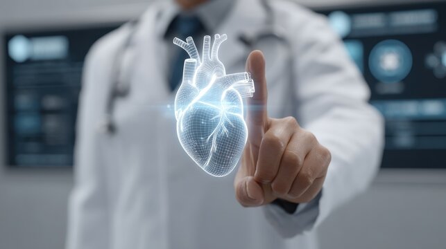 Doctor touching holographic heart model in a modern medical environment, showcasing advancements in healthcare technology and cardiology innovations