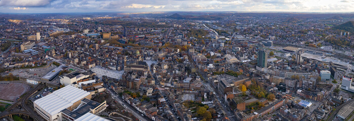 An aerial panorama view around the downtown of the City Charleroi In Belgium on a cloudy spring afternoon