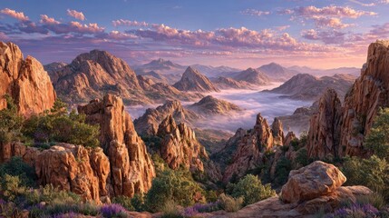 Mountain vista at dawn, mist-shrouded peaks