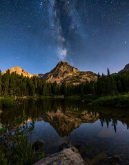 Majestic mountain peaks reflected in a tranquil lake, under a night sky adorned with the Milky Way.