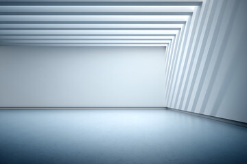 An empty modern interior space with angled ceiling beams casting striped shadows on the walls and floor.