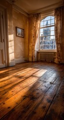 Fototapeta premium Sun-drenched room with old wooden floors and a city view