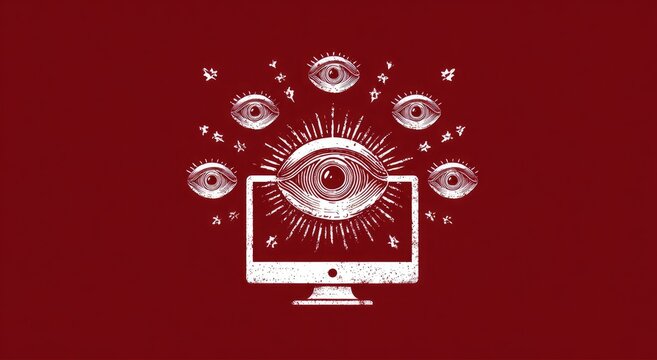 A computer monitor with an all-seeing eye, surrounded by many eyes