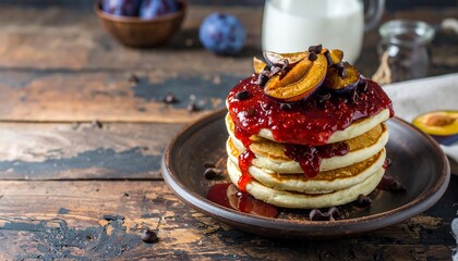 A stack of fluffy pancakes topped with sweet plum slices, rich chocolate chips, and a generous drizzle of raspberry jam sits invitingly on a dark plate.