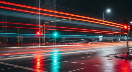 Blurry Lights of City Nightlife, Long Exposure Shot of Busy Intersection with Traffic Trails and Streetlights