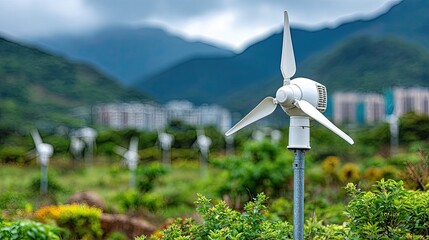 Small white wind turbines in a field, mountains in the background