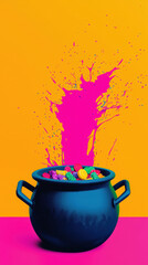 Halloween popart funny cartoon cauldron candy splash vibrant color playful vibe with sweet treat swirl design popping joy