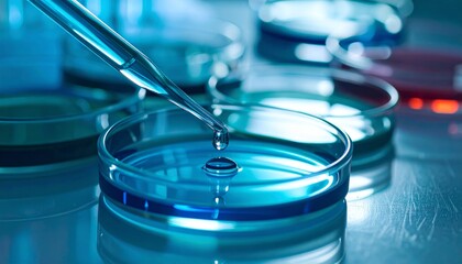Petri dishes in the laboratory with pipette with drop of color liquid