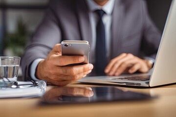 Close-up of a man in a suit, holding a phone, working on a laptop